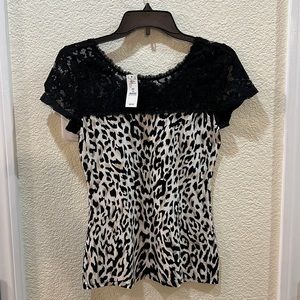 NWT. White House Black Market Leopard Shirt with Lace